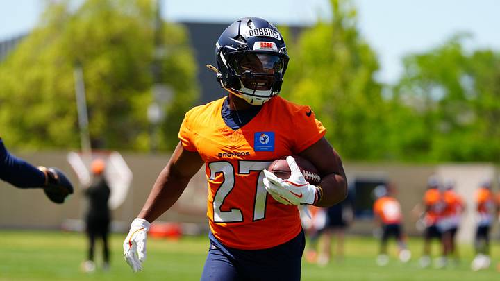 Jun 16, 2026; Englewood, CO, USA; Denver Broncos running back J.K. Dobbins (27) during mini camp at Broncos Park. Mandatory Credit: Ron Chenoy-Imagn Images Jun 16, 2026; Englewood, CO, USA; Denver Broncos running back J.K. Dobbins (27) during mini camp at Broncos Park. Mandatory Credit: Ron Chenoy-Imagn Images