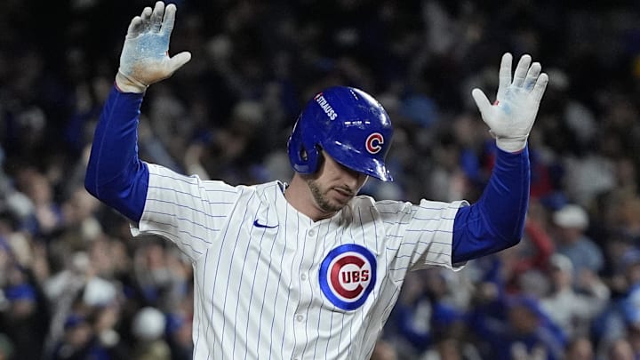 Oct 9, 2025; Chicago, Illinois, USA; Chicago Cubs right fielder Kyle Tucker (30) reacts after hitting a home run against the Milwaukee Brewers during the seventh inning for game four of the NLDS round for the 2025 MLB playoffs at Wrigley Field. Mandatory Credit: David Banks-Imagn Images
