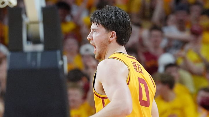 Iowa State Cyclones guard Nate Heise (0) reacts after a three-point shot against Houston during the first half in the3 Big-12 men’s basketball at Hilton Coliseum on Feb. 16, 2026, in Ames, Iowa