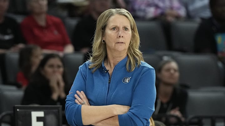 Aug 2, 2025; Las Vegas, Nevada, USA; Minnesota Lynx head coach Cheryl Reeve looks on in the third quarter of their game against the Las Vegas Aces at Michelob Ultra Arena. Mandatory Credit: Candice Ward-Imagn Images