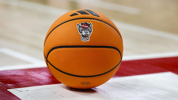 Jan 17, 2026; Raleigh, North Carolina, USA; NC State Wolfpack ball during the second half of the game against the Georgia Tech Yellow Jackets at the Lenovo Center. Mandatory Credit: Jaylynn Nash-Imagn Images