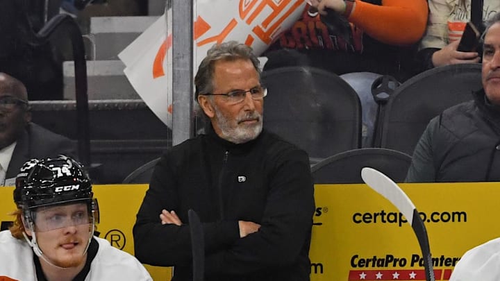 Nov 20, 2024; Philadelphia, Pennsylvania, USA; Philadelphia Flyers head coach John Tortorella against the Carolina Hurricanes at Wells Fargo Center. Mandatory Credit: Eric Hartline-Imagn Images