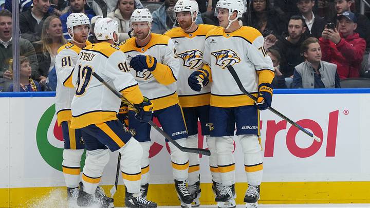 Oct 6, 2026; Toronto, Ontario, CAN;  Nashville Predators center Steven Stamkos (91) scores a goal and celebrates with center Ryan O'Reilly (90) against the Toronto Maple Leafs during the second period at Scotiabank Arena.  Mandatory Credit: Nick Turchiaro-Imagn Images