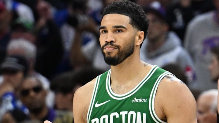 Apr 24, 2026; Philadelphia, Pennsylvania, USA; Boston Celtics forward Jayson Tatum (0) reacts after a three point basket against the Philadelphia 76ers during the second half at Xfinity Mobile Arena. Mandatory Credit: Eric Hartline-Imagn Images