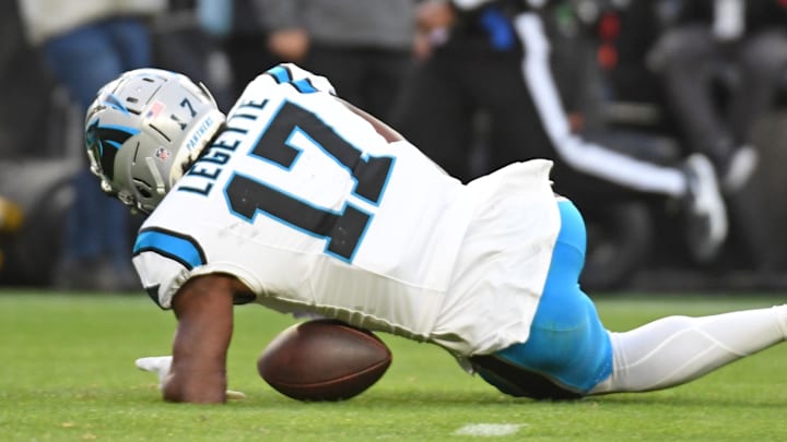Dec 8, 2024; Philadelphia, Pennsylvania, USA;  Carolina Panthers wide receiver Xavier Legette (17) can't hang onto the pass late during the fourth quarter against the Philadelphia Eagles at Lincoln Financial Field. Mandatory Credit: Eric Hartline-Imagn Images