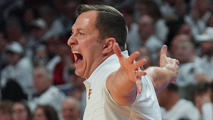 Iowa State Cyclones men's basketball head coach T.J. Otzelberger reacts from the bench during the second half against Baylor in the Big-12 men’s basketball on Feb. 7, 2026, at Hilton Coliseum in Ames, Iowa