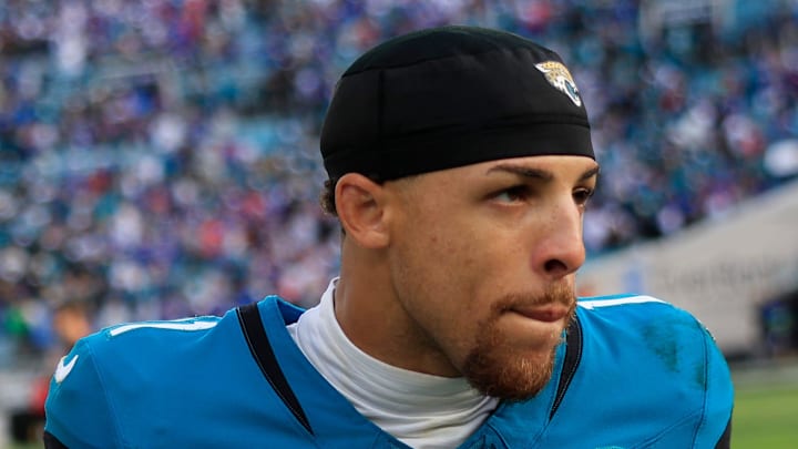 Jacksonville Jaguars wide receiver Parker Washington (11) walks off the field after the game of an NFL football AFC Wild Card playoff matchup, Sunday, Jan. 11, 2026, in Jacksonville, Fla. The Bills defeated the Jaguars 27-24. [Corey Perrine/Florida Times-Union]