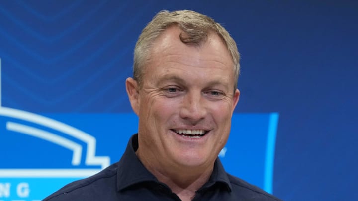 Feb 27, 2025; Indianapolis, IN, USA; San Francisco 49ers general manager John Lynch speaks during the 2025 NFL Scouting Combine at the Indiana Convention Center. Mandatory Credit: Kirby Lee-Imagn Images