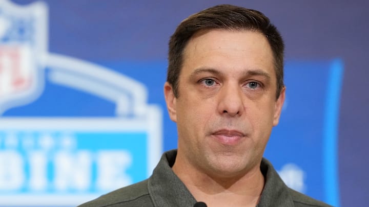 Feb 24, 2026; Indianapolis, IN, USA; Kansas City Chiefs general manager Brett Veach speaks at the NFL Scouting Combine at the Indiana Convention Center. Mandatory Credit: Kirby Lee-Imagn Images Feb 24, 2026; Indianapolis, IN, USA; Kansas City Chiefs general manager Brett Veach speaks at the NFL Scouting Combine at the Indiana Convention Center. Mandatory Credit: Kirby Lee-Imagn Images