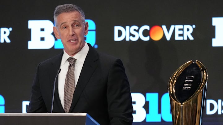 Jul 22, 2025; Las Vegas, NV, USA; Big Ten commissioner Tony Petitti speaks to the media during the Big Ten NCAA college football media days at Mandalay Bay Resort. Mandatory Credit: Lucas Peltier-Imagn Images