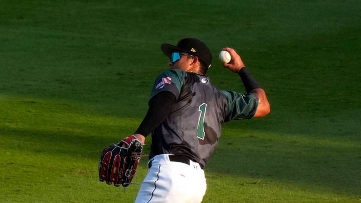 July 12, 2025; North Augusta, South Carolina, USA; GreenJacket outfielder Luis Guanipa (1) throws the ball during the 19th annual Military Appreciation game at SRP Park. The Augusta GreenJackets faced off against the Salem Red Sox. Salem won 9-2. Mandatory Credit: Katie Goodale - Augusta Chronicle/USA TODAY NETWORK July 12, 2025; North Augusta, South Carolina, USA; GreenJacket outfielder Luis Guanipa (1) throws the ball during the 19th annual Military Appreciation game at SRP Park. The Augusta GreenJackets faced off against the Salem Red Sox. Salem won 9-2. Mandatory Credit: Katie Goodale - Augusta Chronicle/USA TODAY NETWORK