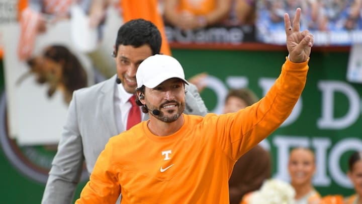 Tennessee baseball head coach Tony Vitello makes an appearance at the ESPN College GameDay stage outside of Ayres Hall on the University of Tennessee campus in Knoxville, Tenn., on Sept. 24, 2022. The flagship ESPN college football pregame show returned for the tenth time to Knoxville as the No. 12 Vols hosted the No. 22 Gators. Tennessee baseball head coach Tony Vitello makes an appearance at the ESPN College GameDay stage outside of Ayres Hall on the University of Tennessee campus in Knoxville, Tenn., on Sept. 24, 2022. The flagship ESPN college football pregame show returned for the tenth time to Knoxville as the No. 12 Vols hosted the No. 22 Gators.