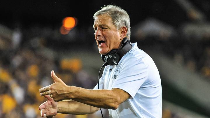Sep 15, 2018; Iowa City, IA, USA; Iowa Hawkeyes head coach Kirk Ferentz reacts during the game against the Northern Iowa Panthers at Kinnick Stadium. Mandatory Credit: Jeffrey Becker-USA TODAY Sports Sep 15, 2018; Iowa City, IA, USA; Iowa Hawkeyes head coach Kirk Ferentz reacts during the game against the Northern Iowa Panthers at Kinnick Stadium. Mandatory Credit: Jeffrey Becker-USA TODAY Sports