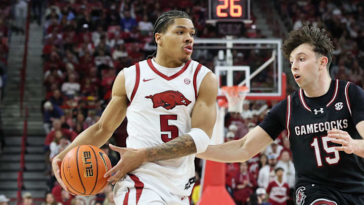 Arkansas Razorbacks guard Darius Acuff Jr (5) drives during the first half against South Carolina Gamecocks guard Eli Ellis (15) at Bud Walton Arena in Fayetteville, Ark.