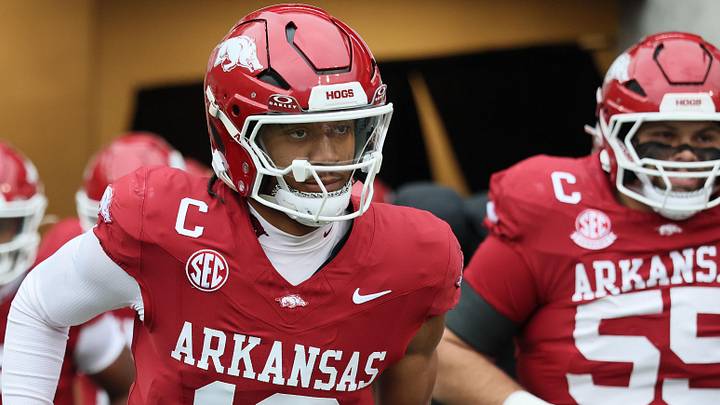 Nov 29, 2025; Fayetteville, Arkansas, USA; Arkansas Razorbacks quarterback Taylen Green (10) comes onto the field prior to a game against the Missouri Tigers at Donald W. Reynolds Razorback Stadium. Mandatory Credit: Nelson Chenault-Imagn Images