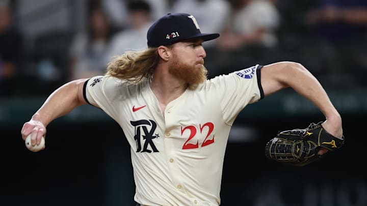 Aug 30, 2024; Arlington, Texas, USA; Texas Rangers pitcher Jon Gray (22) throws a pitch in the first inning against the Oakland Athletics at Globe Life Field. Aug 30, 2024; Arlington, Texas, USA; Texas Rangers pitcher Jon Gray (22) throws a pitch in the first inning against the Oakland Athletics at Globe Life Field.