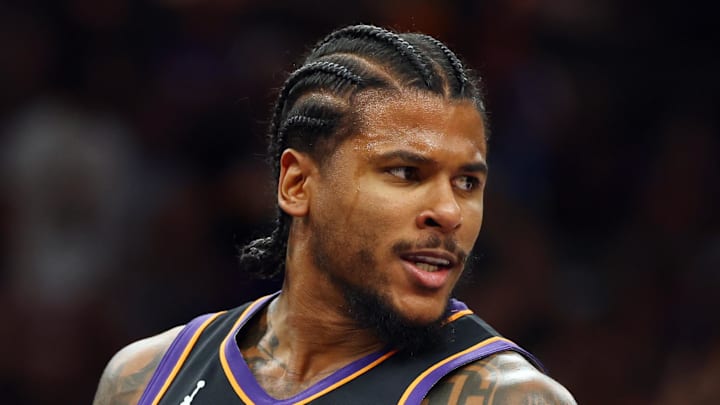 Apr 17, 2026; Phoenix, Arizona, USA; Phoenix Suns guard Jalen Green (4) against the Golden State Warriors during the play-in rounds of the 2026 NBA Playoffs at Mortgage Matchup Center. Mandatory Credit: Mark J. Rebilas-Imagn Images