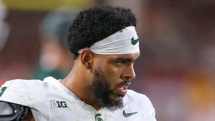 Michigan State safety Nikai Martinez goes around the sideline during the Spartans' game against the USC Trojans on Sept. 20, 2025.