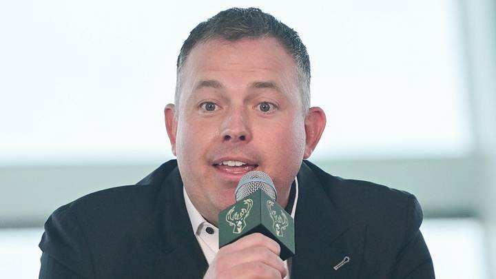 Milwaukee Bucks general manager Jon Horst speaks at a press conference at Milwaukee Art Museum on May 6, 2026.