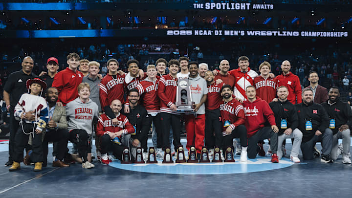 The Nebraska wrestling team poses after taking second at the 2025 NCAA Championships in Philadelphia.