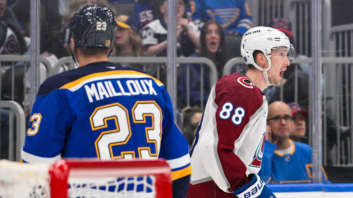 Apr 7, 2026; St. Louis, Missouri, USA; Colorado Avalanche center Martin Necas (88) reacts after scoring against the St. Louis Blues during the first period at Enterprise Center. Mandatory Credit: Jeff Curry-Imagn Images Apr 7, 2026; St. Louis, Missouri, USA; Colorado Avalanche center Martin Necas (88) reacts after scoring against the St. Louis Blues during the first period at Enterprise Center. Mandatory Credit: Jeff Curry-Imagn Images