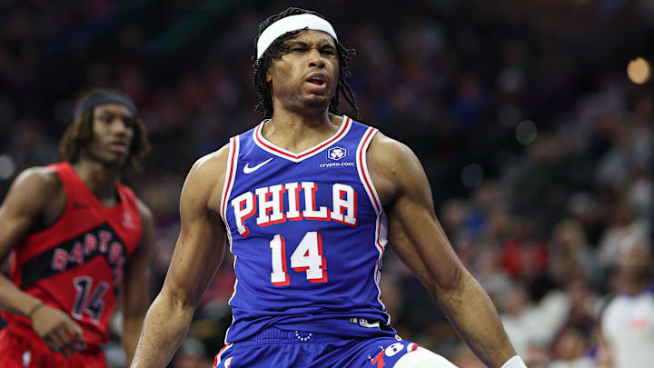 Mar 30, 2025; Philadelphia, Pennsylvania, USA; Philadelphia 76ers guard Ricky Council IV (14) reacts after dunking the ball against the Toronto Raptors during the second quarter at Wells Fargo Center. Mandatory Credit: Bill Streicher-Imagn Images Mar 30, 2025; Philadelphia, Pennsylvania, USA; Philadelphia 76ers guard Ricky Council IV (14) reacts after dunking the ball against the Toronto Raptors during the second quarter at Wells Fargo Center. Mandatory Credit: Bill Streicher-Imagn Images