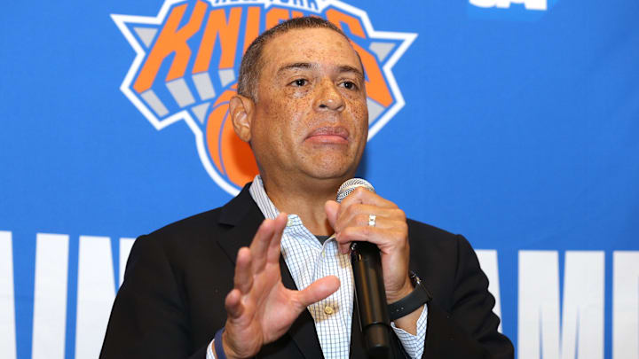 Sep 30, 2019; New York, NY, USA; New York Knicks general manager Scott Perry speaks to the media during media day at the MSG training center in Greenburgh, NY.