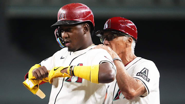 Apr 9, 2025; Phoenix, Ariz., U.S.; Arizona Diamondbacks Geraldo Perdomo reacts after hitting a single against the Baltimore Orioles in the first inning at Chase Field. Mandatory Credit: Rob Schumacher-Arizona Republic Apr 9, 2025; Phoenix, Ariz., U.S.; Arizona Diamondbacks Geraldo Perdomo reacts after hitting a single against the Baltimore Orioles in the first inning at Chase Field. Mandatory Credit: Rob Schumacher-Arizona Republic