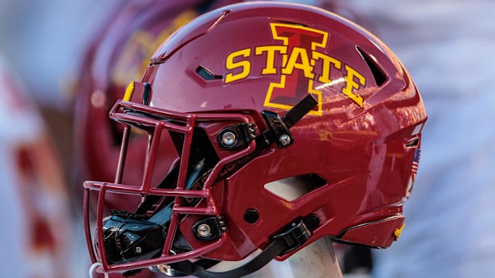 Nov 9, 2024; Kansas City, Missouri, USA; Iowa State Cyclones helmets on the bench during the first quarter against the Kansas Jayhawks at GEHA Field at Arrowhead Stadium.
