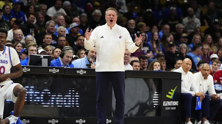 Feb 24, 2025; Boulder, Colorado, USA; Kansas Jayhawks head coach Bill Self reacts in the first half against the Colorado Buffaloes at the CU Events Center. Mandatory Credit: Ron Chenoy-Imagn Images Feb 24, 2025; Boulder, Colorado, USA; Kansas Jayhawks head coach Bill Self reacts in the first half against the Colorado Buffaloes at the CU Events Center. Mandatory Credit: Ron Chenoy-Imagn Images