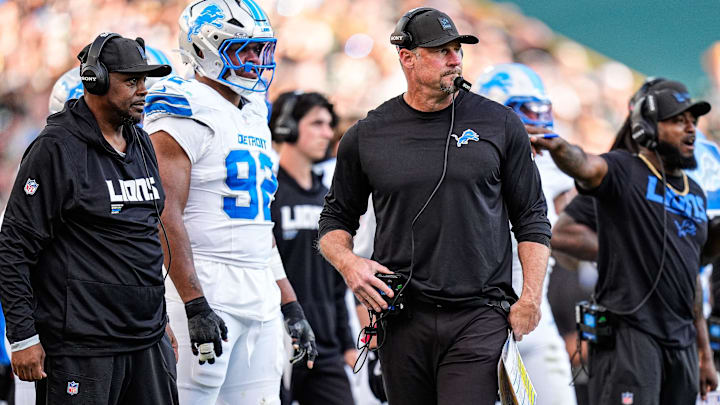 Detroit Lions head coach Dan Campbell watches a play against Green Bay Packers during the second half at Lambeau Field in Green Bay, Wis., on Sunday, September 7, 2025.