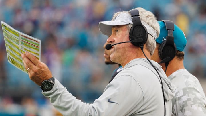 Nov 10, 2024; Jacksonville, Florida, USA; Jacksonville Jaguars head coach Doug Pederson watches a replay against the Minnesota Vikings during the third quarter at EverBank Stadium. Mandatory Credit: Morgan Tencza-Imagn Images