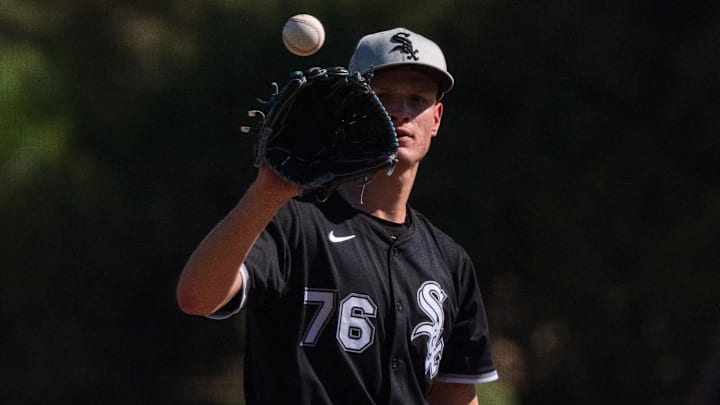 Chicago White Sox pitcher Noah Schultz (76) throws during a spring training game against the San Diego Padres at Camelback Ranch. Chicago White Sox pitcher Noah Schultz (76) throws during a spring training game against the San Diego Padres at Camelback Ranch.