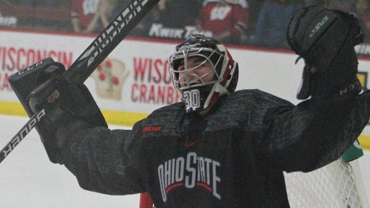 Ohio State goalie Amanda Thiele celebrates after her team scored the go-ahead goal during the third period of a 3-1 victory over Wisconsin to clinch the 2023 WCHA title at LaBahn Arena in Madison, Wis. Ohio State goalie Amanda Thiele celebrates after her team scored the go-ahead goal during the third period of a 3-1 victory over Wisconsin to clinch the 2023 WCHA title at LaBahn Arena in Madison, Wis.