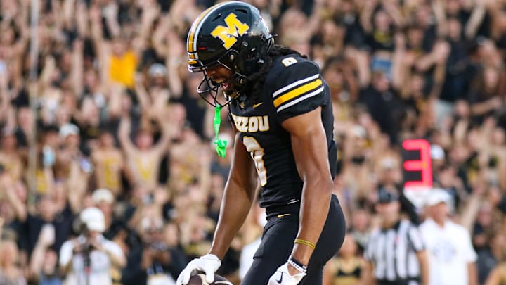 Sept 20, 2025; Columbia, Missouri, USA; Missouri Tigers Wide Receiver Josh Manning celebrates in the end zone after scoring a touchdown.
