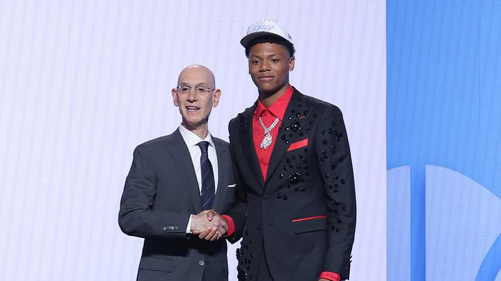 Jun 25, 2025; Brooklyn, NY, USA; Ace Bailey stands with NBA commissioner Adam Silver after being selected as the fifth pick by the Utah Jazz in the first round of the 2025 NBA Draft at Barclays Center. Mandatory Credit: Brad Penner-Imagn Images Jun 25, 2025; Brooklyn, NY, USA; Ace Bailey stands with NBA commissioner Adam Silver after being selected as the fifth pick by the Utah Jazz in the first round of the 2025 NBA Draft at Barclays Center. Mandatory Credit: Brad Penner-Imagn Images