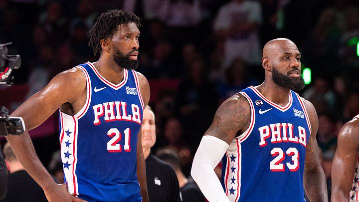 Oct 22, 2026; Philadelphia, Pennsylvania, USA; Philadelphia 76ers Joel Embiid (21) and LeBron James (23) and Jaylen Brown (7) and Tyrese Maxey (0) walk back on the court after a break in action against the Cleveland Cavaliers during the fourth quarter at Xfinity Mobile Arena. Oct 22, 2026; Philadelphia, Pennsylvania, USA; Philadelphia 76ers Joel Embiid (21) and LeBron James (23) and Jaylen Brown (7) and Tyrese Maxey (0) walk back on the court after a break in action against the Cleveland Cavaliers during the fourth quarter at Xfinity Mobile Arena.