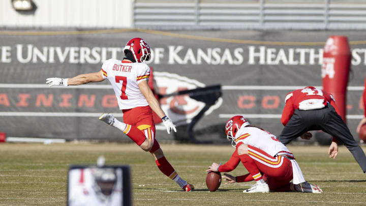 Feb 3, 2021; Kansas City, MO, USA; Kansas City Chiefs kicker Harrison Butker (7) during practice as the team prepares for Super Bowl LV against the Tampa Bay Buccaneers. Mandatory Credit: Steve Sanders/Handout Photo via USA TODAY Sports