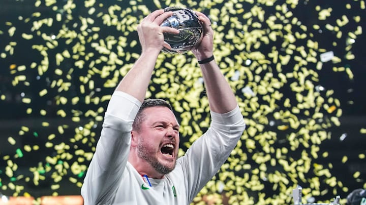 Oregon Ducks head coach Dan Lanning celebrates Saturday, Dec. 7, 2024, during the Big Ten Championship game between the Oregon Ducks and the Penn State Nittany Lions at Lucas Oil Stadium in Indianapolis. The Ducks defeated the Nittany Lions, 45-37.