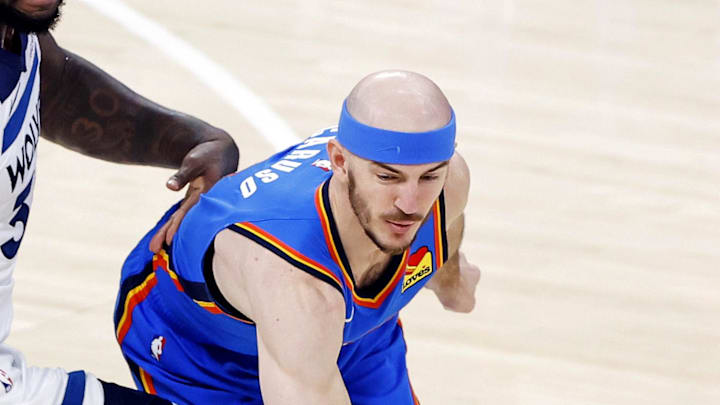 May 28, 2025; Oklahoma City, Oklahoma, USA; Oklahoma City Thunder guard Alex Caruso (right) steals the ball against Minnesota Timberwolves forward Julius Randle (middle) during the first quarter in Game 5 of the Western Conference Finals at Paycom Center. Mandatory Credit: Alonzo Adams-Imagn Images May 28, 2025; Oklahoma City, Oklahoma, USA; Oklahoma City Thunder guard Alex Caruso (right) steals the ball against Minnesota Timberwolves forward Julius Randle (middle) during the first quarter in Game 5 of the Western Conference Finals at Paycom Center. Mandatory Credit: Alonzo Adams-Imagn Images