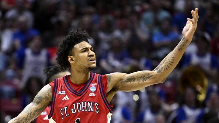 Mar 22, 2026; San Diego, CA, USA; St. John's Red Storm forward Dillon Mitchell (1) reacts in the second half against the Kansas Jayhawks during a second round game of the men's 2026 NCAA Tournament at Viejas Arena. Mandatory Credit: Denis Poroy-Imagn Images