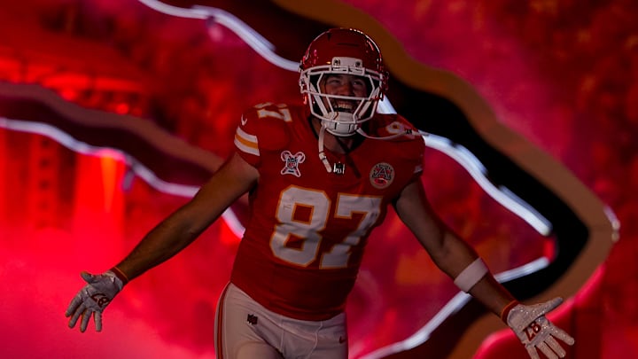 Dec 25, 2025; Kansas City, Missouri, USA; Kansas City Chiefs tight end Travis Kelce (87) enters the stadium before the game at GEHA Field at Arrowhead Stadium. Mandatory Credit: Jay Biggerstaff-Imagn Images