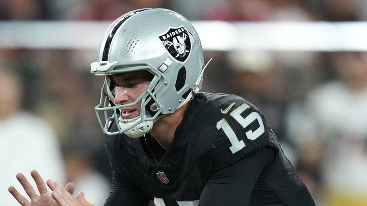 Aug 27, 2026; Paradise, Nevada, USA; Las Vegas Raiders quarterback Fernando Mendoza (15) calls the snap count in shotgun formation against the San Francisco 49ers defense during the third quarter against the San Francisco 49ers at Allegiant Stadium. Mandatory Credit: Kirby Lee-Imagn Images Aug 27, 2026; Paradise, Nevada, USA; Las Vegas Raiders quarterback Fernando Mendoza (15) calls the snap count in shotgun formation against the San Francisco 49ers defense during the third quarter against the San Francisco 49ers at Allegiant Stadium. Mandatory Credit: Kirby Lee-Imagn Images