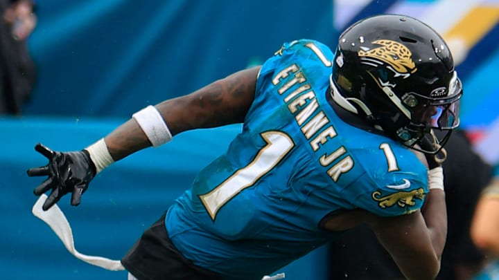 Indianapolis Colts linebacker Zaire Franklin (44) tackles Jacksonville Jaguars running back Travis Etienne Jr. (1) during the fourth quarter of an NFL football matchup Sunday, Oct. 6, 2024 at EverBank Stadium in Jacksonville, Fla. The Jaguars edged the Colts on a field goal 37-34. [Corey Perrine/Florida Times-Union]
