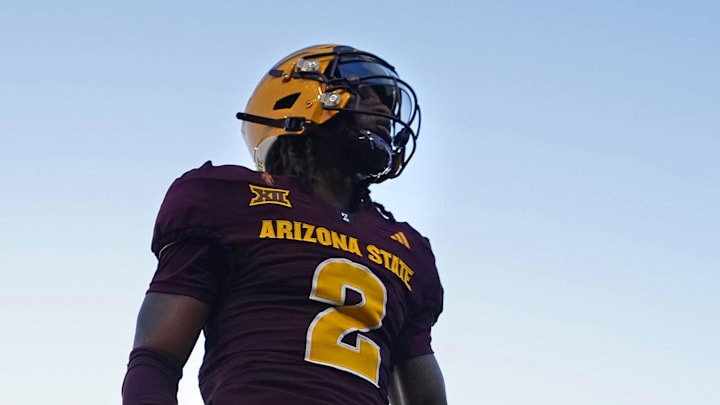 Arizona State safety Xavion Alford (2) warms up during a game against NAU at Mountain America Stadium in Tempe, Arizona, on Aug. 30, 2025.