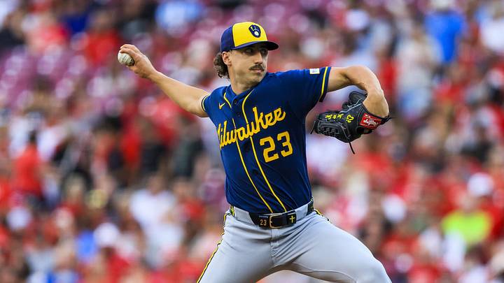 Jun 23, 2026; Cincinnati, Ohio, USA; Milwaukee Brewers starting pitcher Brandon Sproat (23) pitches against the Cincinnati Reds in the first inning at Great American Ball Park. Mandatory Credit: Katie Stratman-Imagn Images