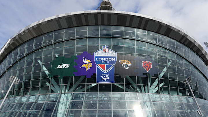 Oct 6, 2024; London, United Kingdom; A general view of the 2024 NFL London Games, New York Jets, Minnesota Vikings, Jacksonville Jaguars and Chicago Bears logos at Tottenham Hotspur Stadium. Mandatory Credit: Kirby Lee-Imagn Images