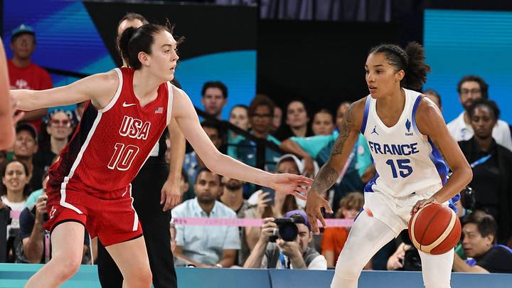 Breanna Stewart defends Gabby Williams during the Paris 2024 Olympics.