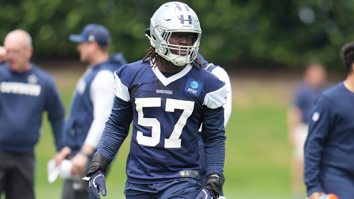 Dallas Cowboys OLB Malachi Lawrence goes through a drill during practice at the Ford Center at the Star Training Facility.