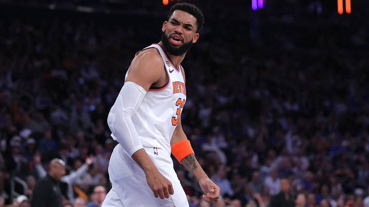 Jun 10, 2026; New York, New York, USA; New York Knicks center Karl-Anthony Towns (32) reacts in the second quarter against the San Antonio Spurs during game four of the 2026 NBA Finals at Madison Square Garden. Mandatory Credit: Brad Penner-Imagn Images Jun 10, 2026; New York, New York, USA; New York Knicks center Karl-Anthony Towns (32) reacts in the second quarter against the San Antonio Spurs during game four of the 2026 NBA Finals at Madison Square Garden. Mandatory Credit: Brad Penner-Imagn Images